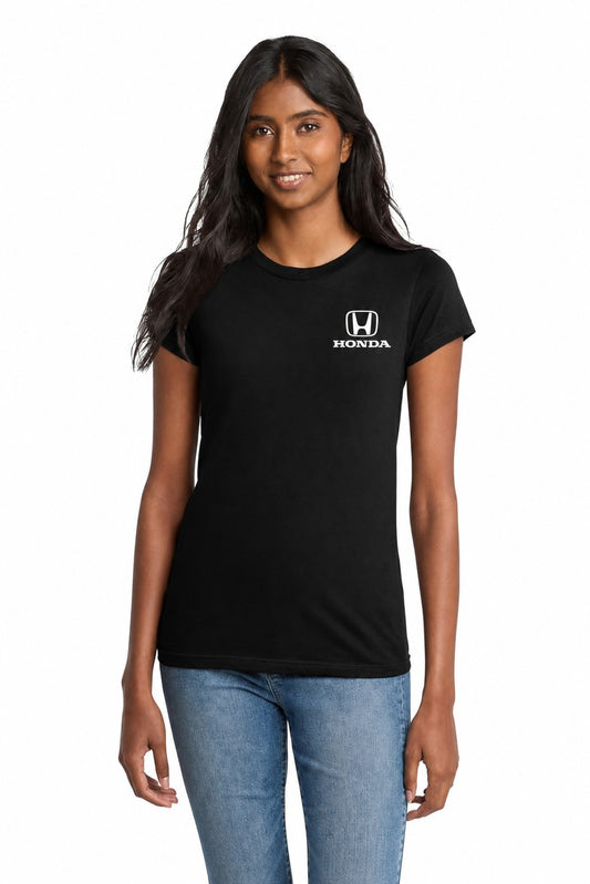 Honda Racing Ladies Fitted Tee Shirt Black //speedgear.com/cdn/shop/files/HM6620-DT5001BlackModelFront2_0a89c4da-cc30-4dc2-8d82-2dea3778249f.jpg?v=1784034402