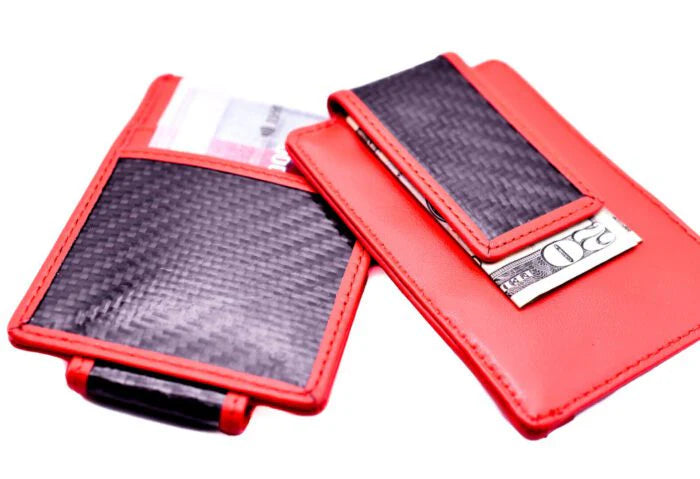 Carbon Fiber Leather Wallet with Money Clip Red